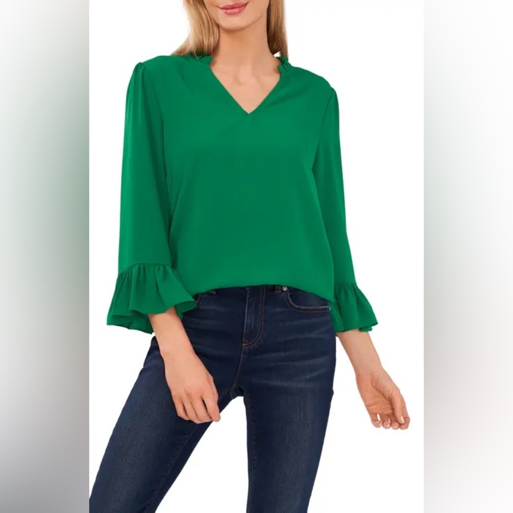 New! Cece Anaya Emerald Green Ruffle Detail Blouse